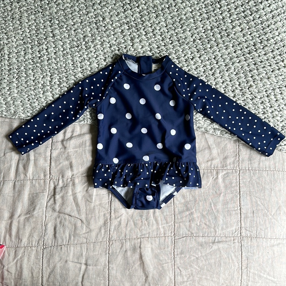 Oshkosh B’Gosh | Baby Girl Navy Polka Dot One Piece Ruffle Swim Suit | 9m